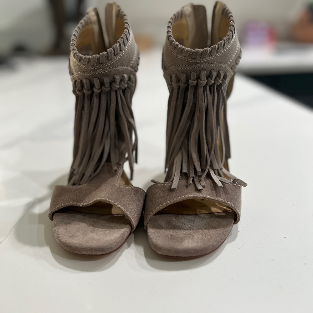 Chinese Laundry Taupe Fringe Heels